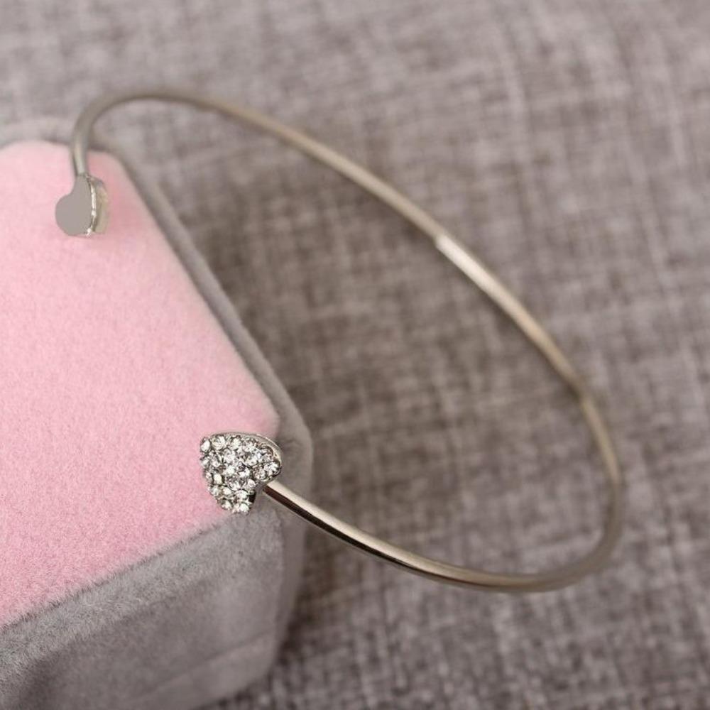Women's Simple Metal Diamond Heart Bracelet Titanium Steel Open Bangle with Peach Heart Charm Jewelry Gift