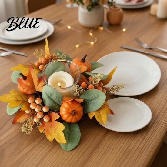 Thanksgiving Table Centerpieces Fall Maple Leaf Candle Ring Autumn Pillar Wreath Artificial Holder for Harvest Party Centerpiece Theme Supplies