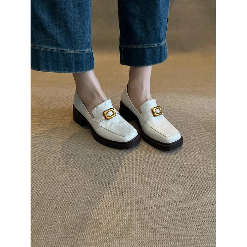 Fashion French Retro High-heeled Loafers for Women Simple Thick Heel Metal Buckle Shallow Mouth Single Shoe Heels Women Zaptos Mujer