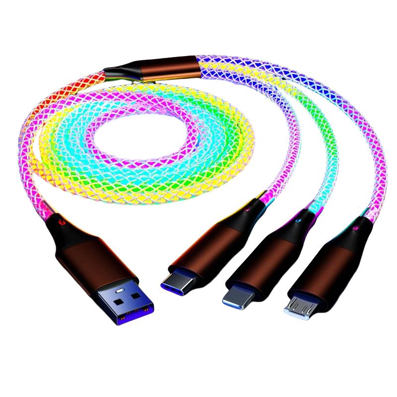 66W 6A 3 in 1 Schnellladekabel Typ C Micro USB RGB Bunter Streamer Leuchtende Linie Für iPhone Huawei Xiaomi Ladegerät USB-Kabel