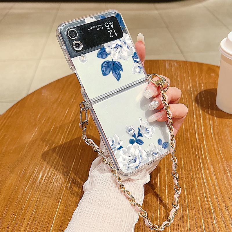 Metal Rope Lanyard Case For Samsung Galaxy Z Flip7 Flip6 Flip5 Flip4 Flip 7 FE 6 5 4 3 5G White Flower Pattern TPU Back Cover