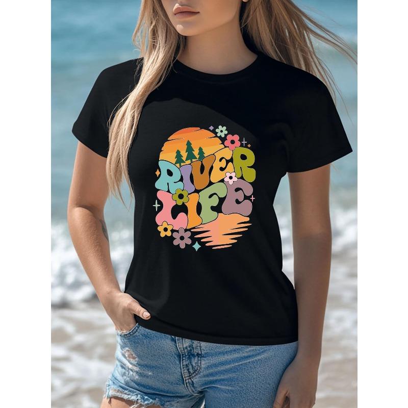

Women s Oversized Black River Life Graphic T-Shirt - Soft Summer Casual Short Sleeve Tee with Forest & Forrest Print, Round Neck Relaxed Fit Top for, S чёрный