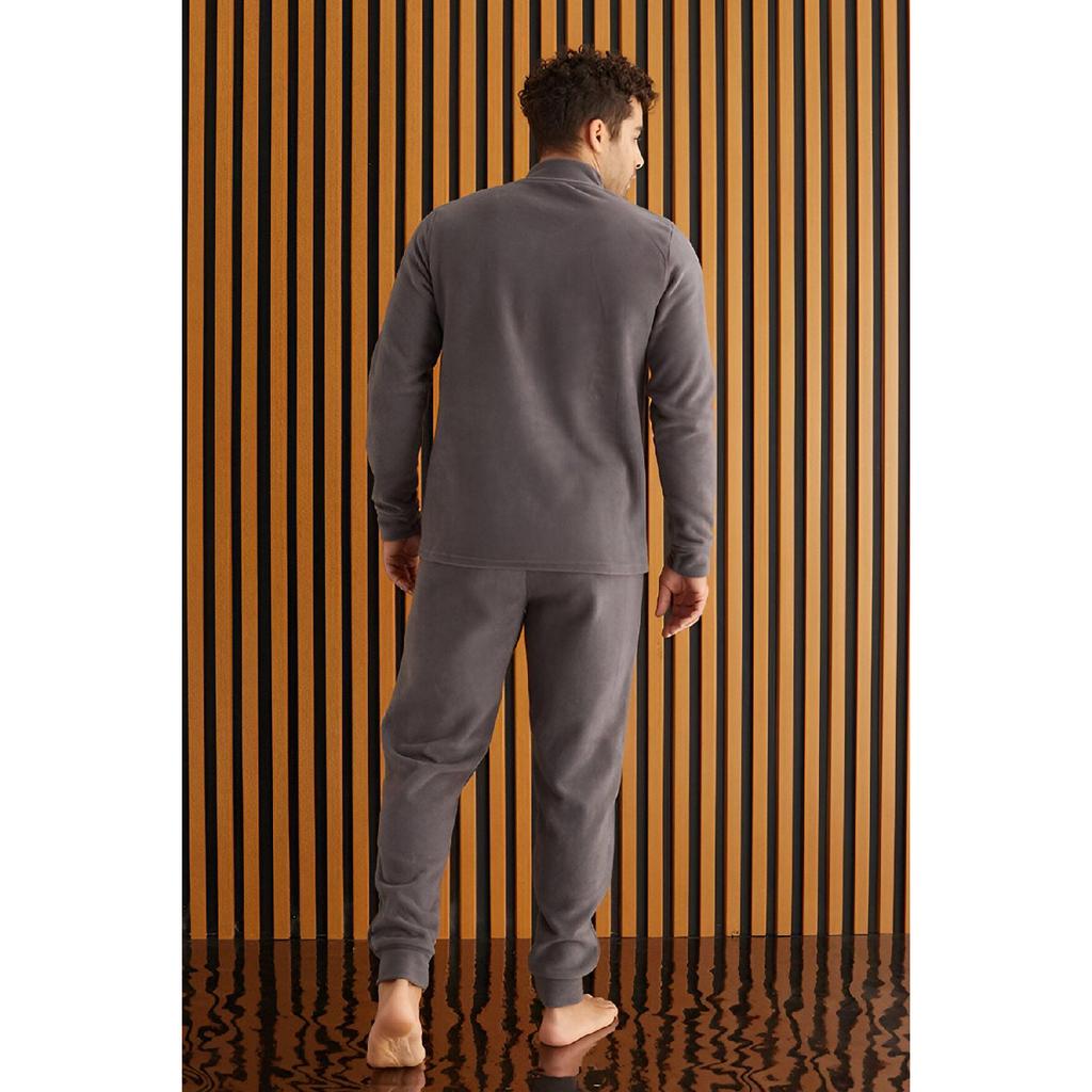 Gray Front Zipper Long Sleeve Fleece Men's Pajama Set
