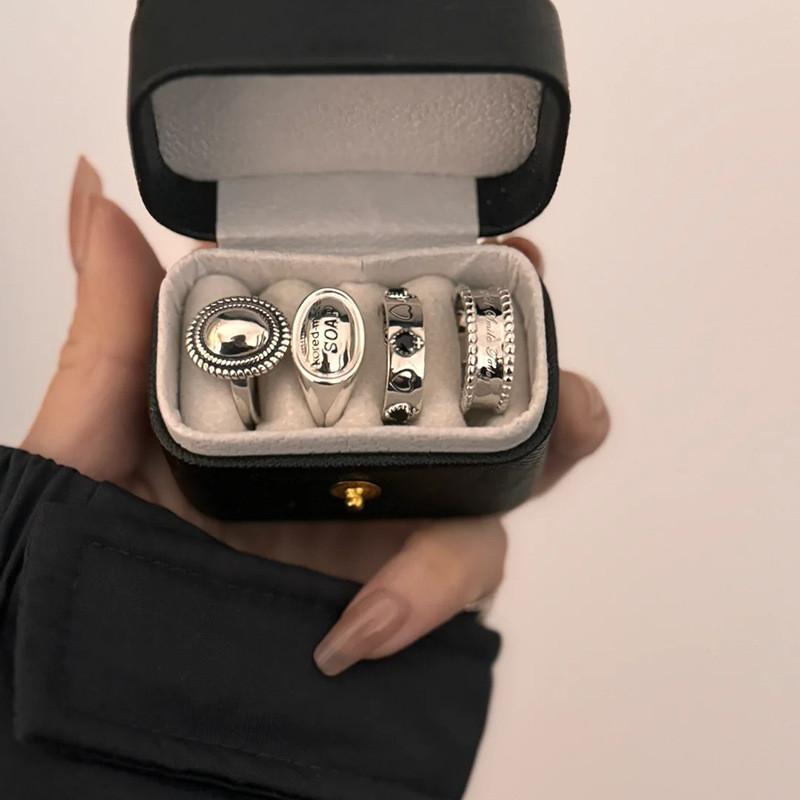 Trendy Open Adjustable Geometric Ring Design With Vintage Heart And Black Zircon Women For