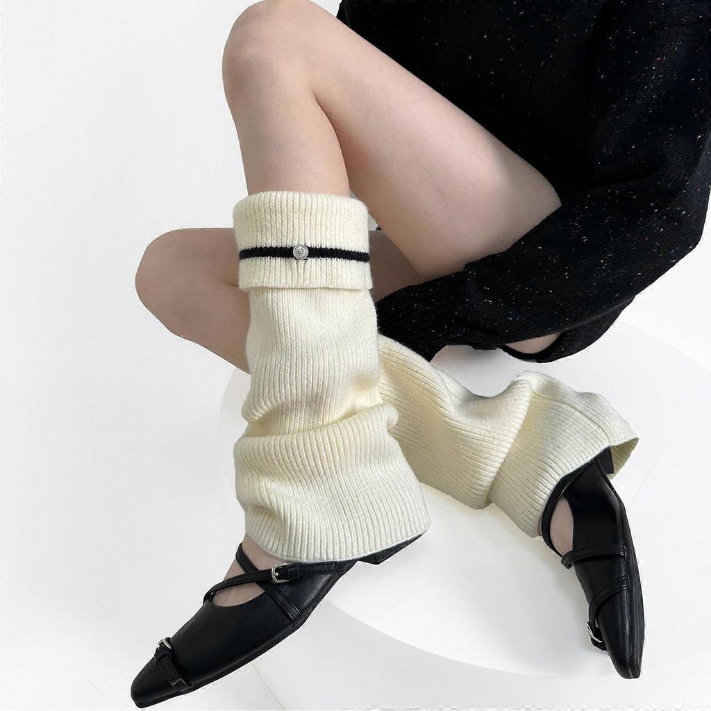 Women Korean Style Knitted Leg Warmers with Metal Button Elegant Turn Cuff Striped Boot Covers Flared Slouchy Calf Socks  Gray