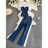 Chic Hong Kong Style Suit Women's Stylish Short Sleeve T-Shirt Patchwork Denim Tops + High Waist Casual Straight Pants Two-piece Set