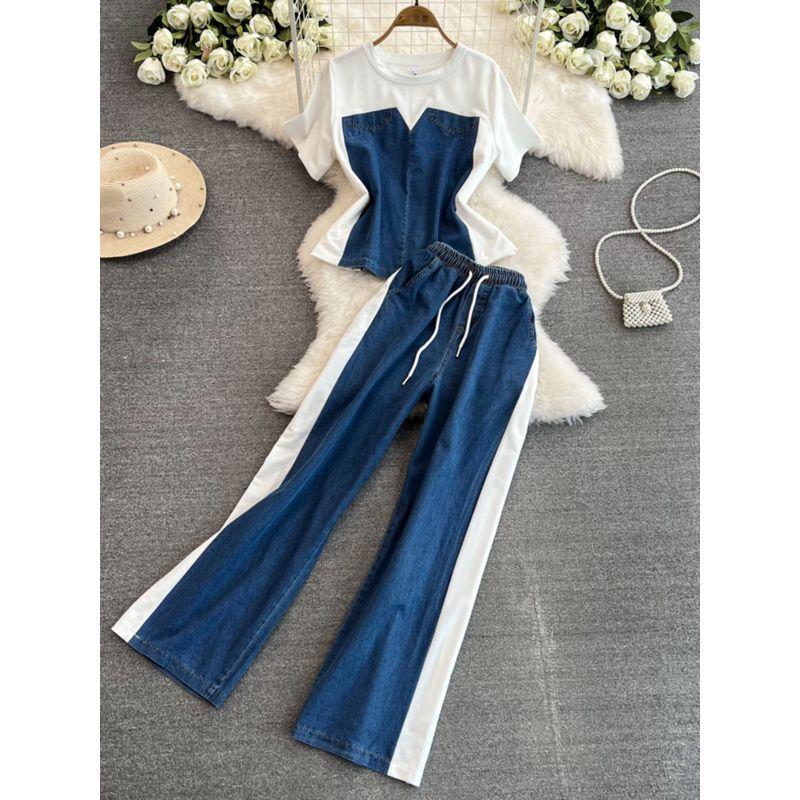 Chic Hong Kong Style Suit Women's Stylish Short Sleeve T-Shirt Patchwork Denim Tops + High Waist Casual Straight Pants Two-piece Set