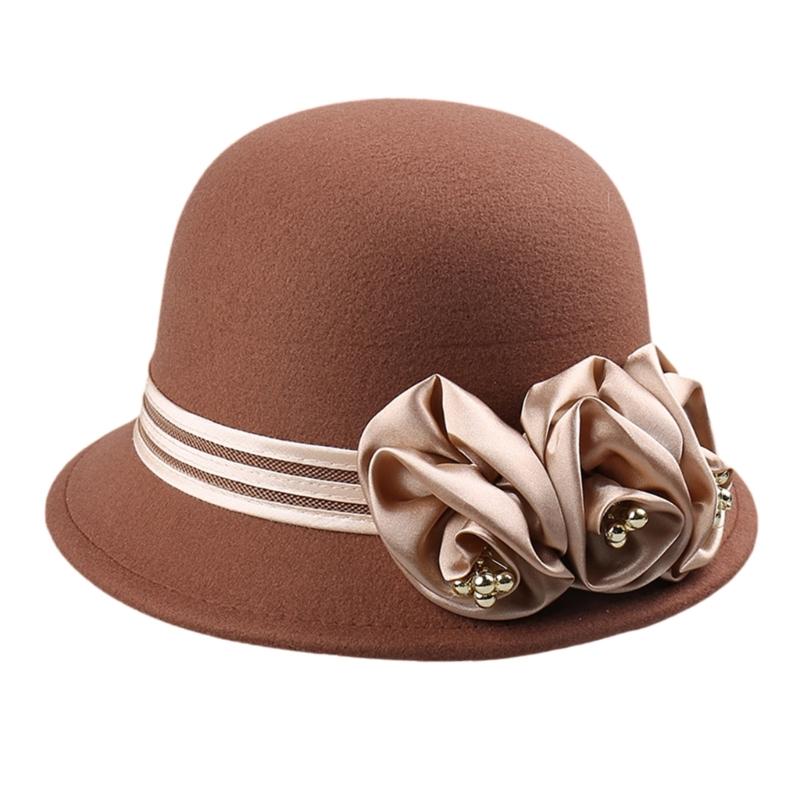 Vintage Silky Flower Hat Winter Warm Dome Hat Women Wool Cloche Hat Headwear