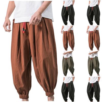 Men's Japanese Cotton Linen Cropped Pants Loose Wide-Legged Pants Plus Size Casual Pants