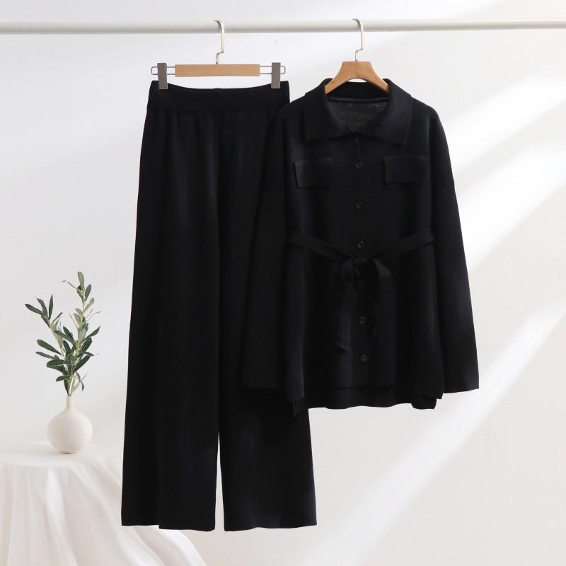 Fashionable Simple Comfortable Two-piece Suit Solid Color Loose Top High-waist Wide-leg Pants Set