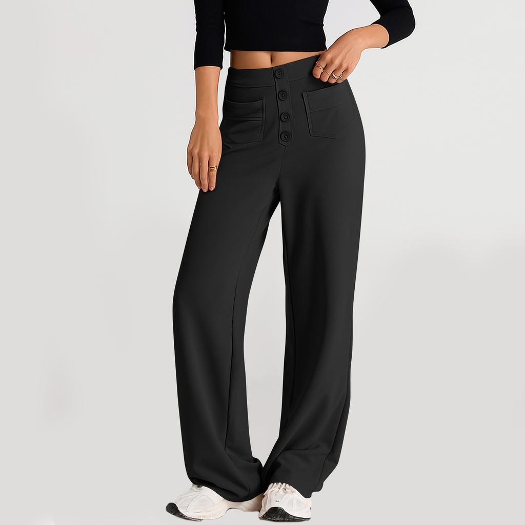 Women's Fashionable Solid Color Straight Leg Pants With High Waist Button Pockets And Elastic Waist Casual Pants