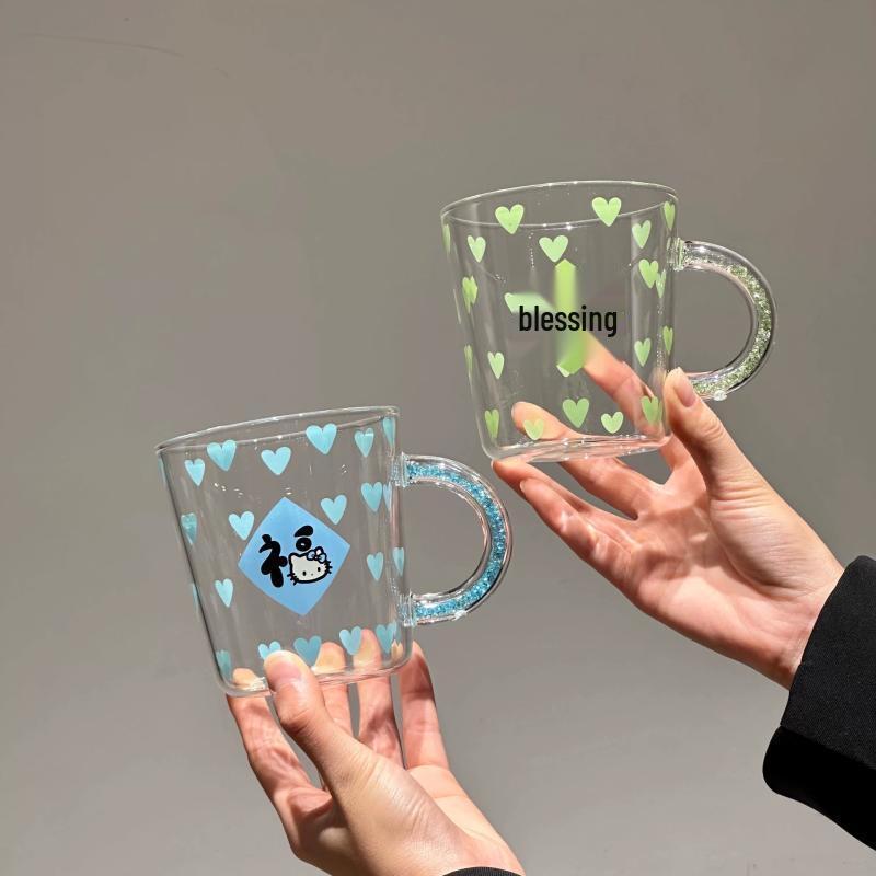 Shangqi Girly Heart Print Glass Cup with Diamond Handle