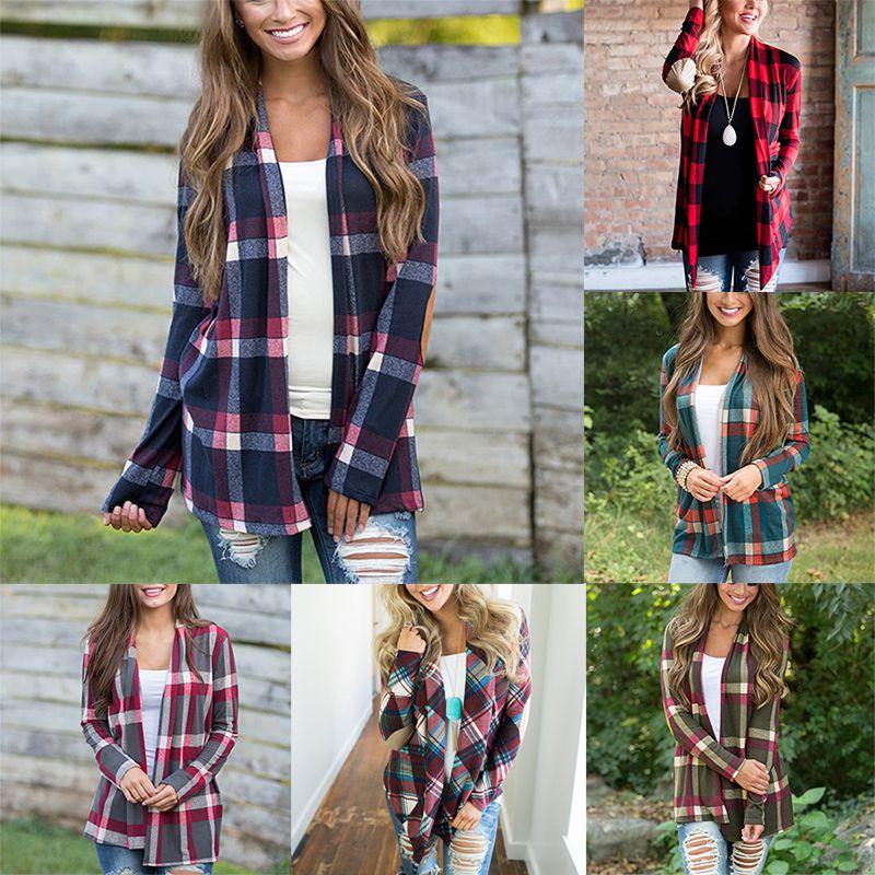 Cozy Women Plaids Cardigan T-shirt With Stylish Lapel Collar For Casual Wear