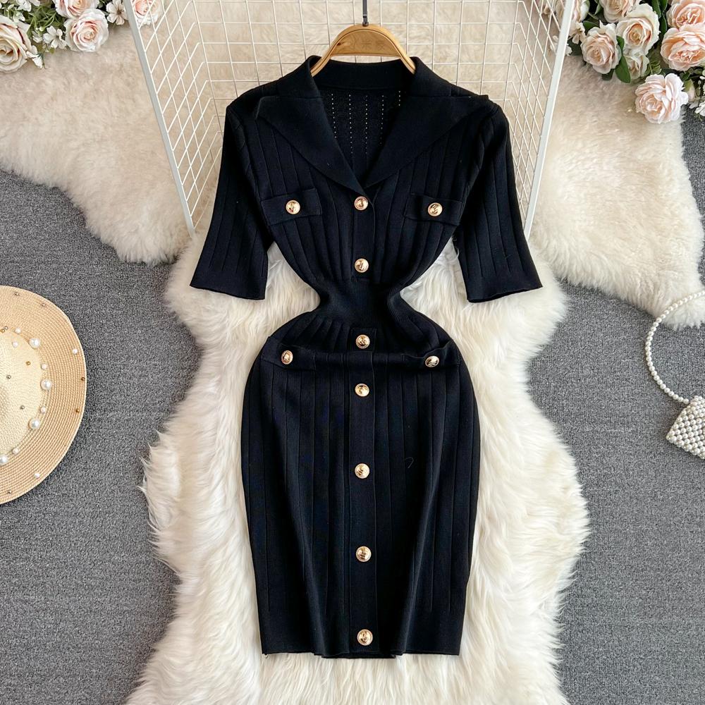 New Summer Women Lapel Knitted Sweater Solid Dress Short Sleeve Sheath Bodycon Mini Party Dresses