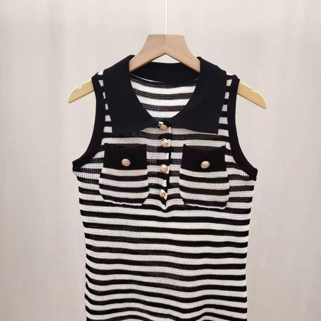 Fashionable Gold Buttoned Striped Sleeveless Summer Sexy Off-shoulder Cool Lightweight Knitted Top for Women