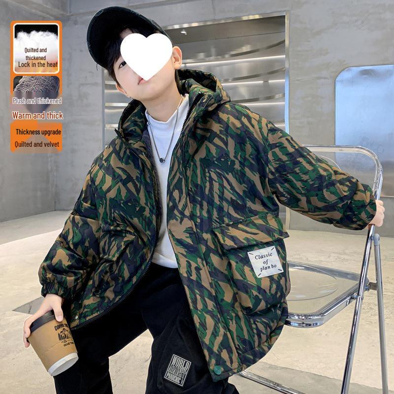 

Мальчиковая куртка-пуховик камуфляжной расцветки 2025 года с флисовой подкладкой - Зимнее утолщенное хлопковое пальто 120cm