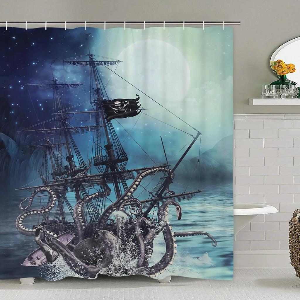 Pirate Ship Shower Curtain for Nautical Bathroom Fantasy Ocean Vintage Pirate Ship Bath Curtains Polyester Decor with 12 Hooks