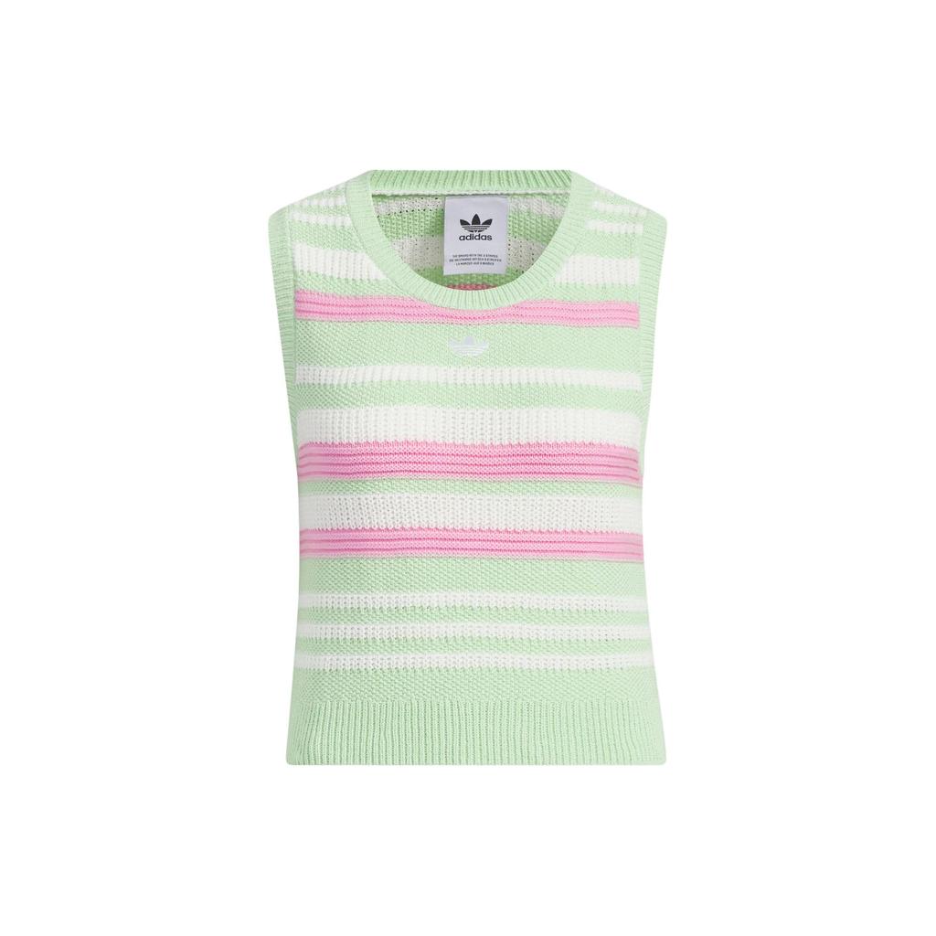 Adidas Striped Round Neck Casual Knit Sleeveless Vest Women Tops Light-Green JI7052