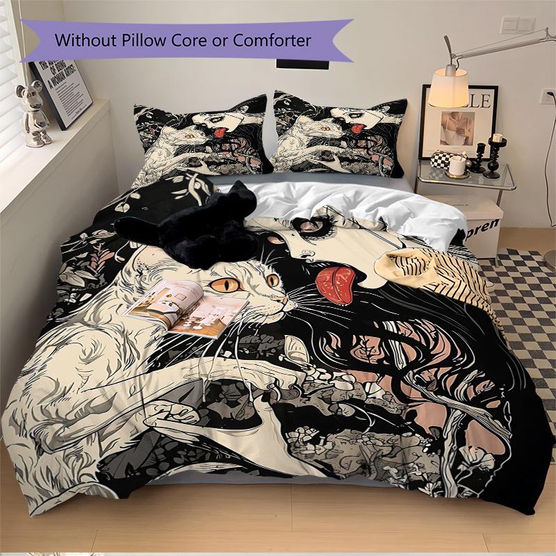 3pcs Whispering Whiskers Woman and Her Cat Printed Bedding Set, Soft and Comfortable Quilt Cover for Bedroom, Guest Room (1 Duvet Cover + 2