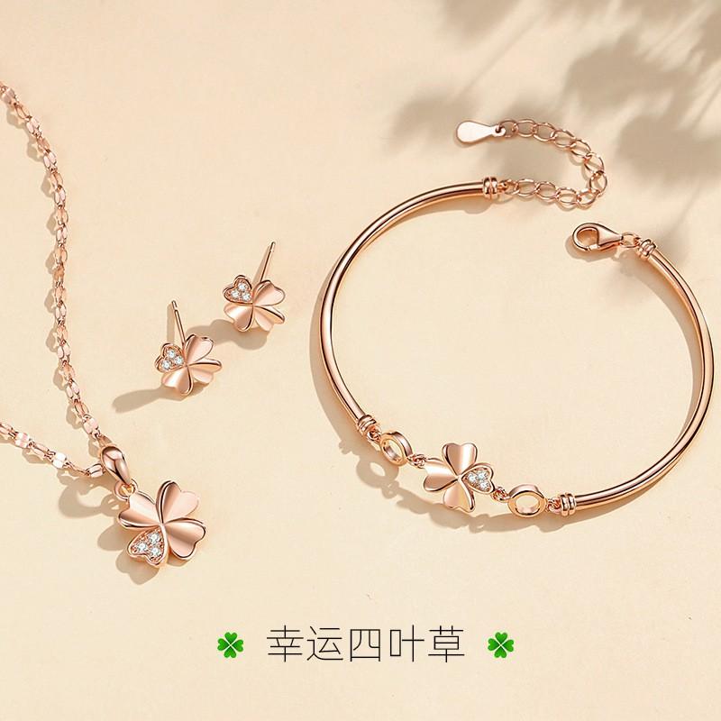 Elegant Rhinestone Clover Jewelry Set Women Sterling Bracelet Necklace Earring Gift
