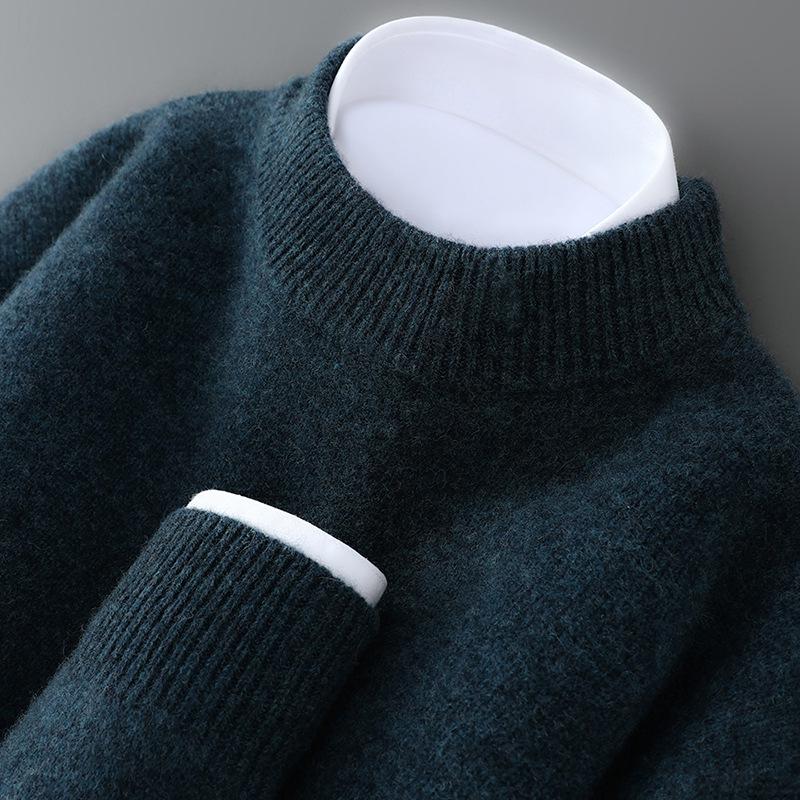 Men's 100% Wool Half-High Neck Loose Knit Sweater - Autumn/Winter Cashmere Pullover