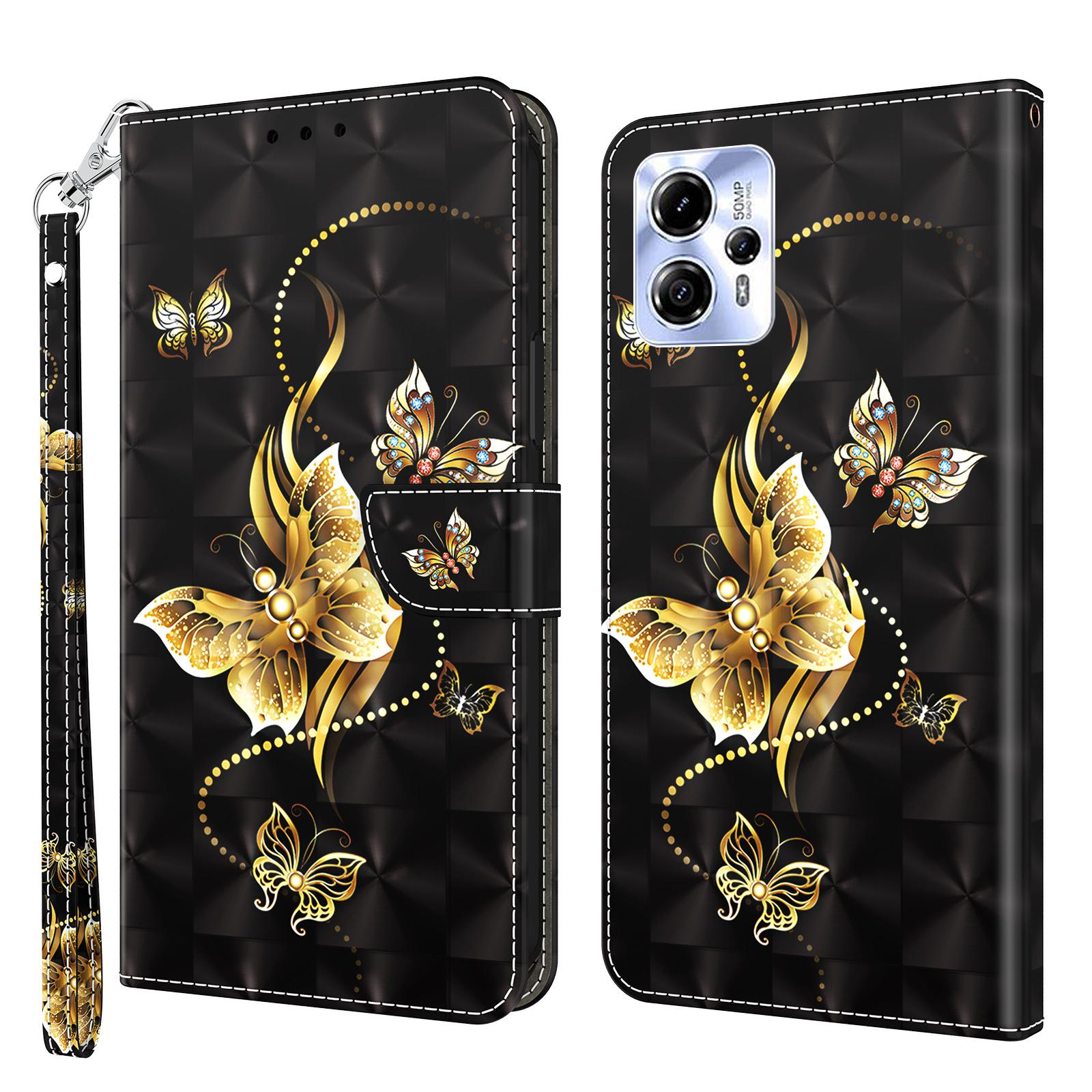 

For Motorola Moto G13 4G/G23 4G Anto-drop Phone Case 3D Pattern Printing Flip Wallet Cover Stand with Strap Golden Butterfly