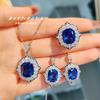 Vintage Blue Spinel Jewelry Set with Zircon Necklace Diamond Earrings and Luxury Ring for Women
