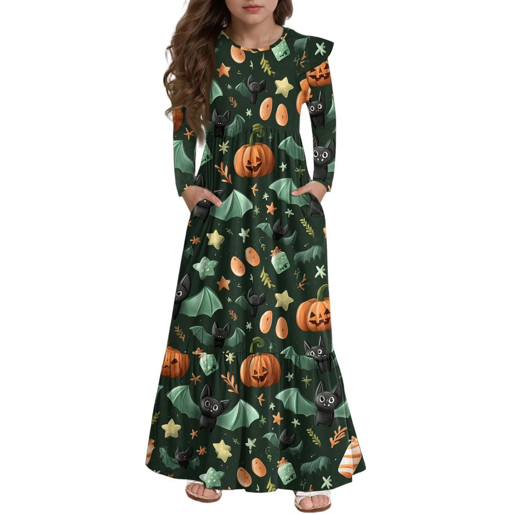 Girls' Tiered Ruffle Dress Halloween Day - Long Sleeve Printed Maxi With Pockets