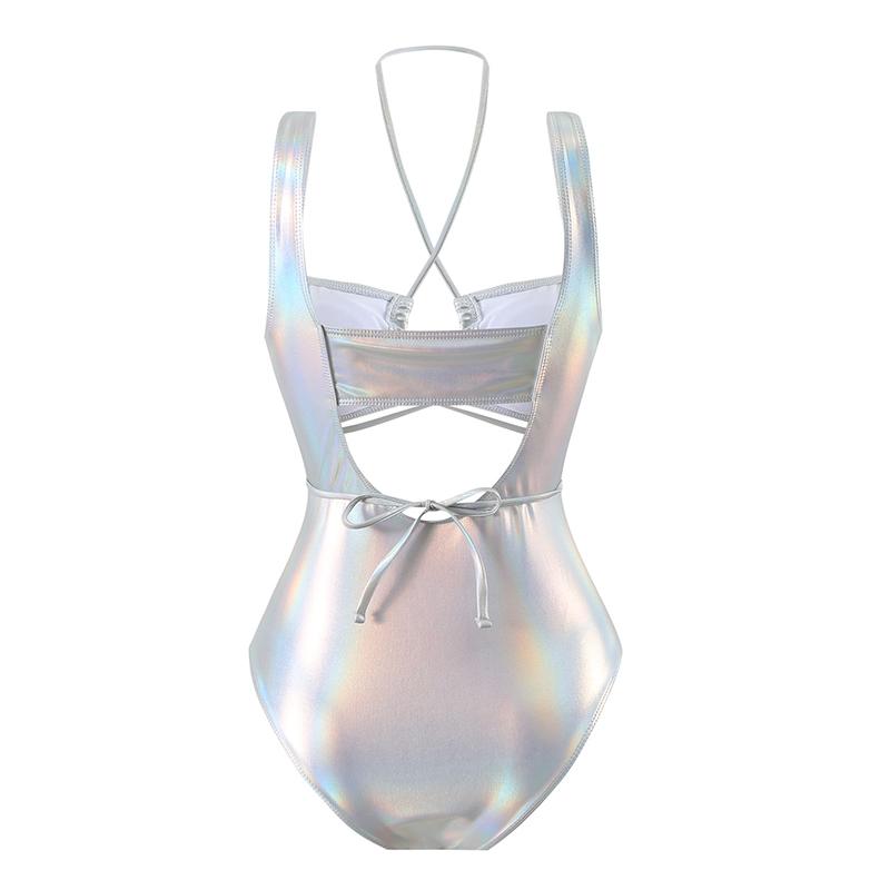 Neuer glänzender PU Kunstleder Cut Out Damen Badeanzug Einteiliger Badeanzug Damen Neckholder Bademode Badeanzug Schwimmen