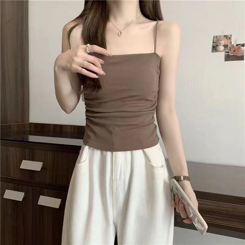 Острая девчонка Мода Сексуальный Универсальный Топ-майка Маленький Однотонный Женский Летний со Сборками и Скруткой с Подушечками для груди Без рукавов