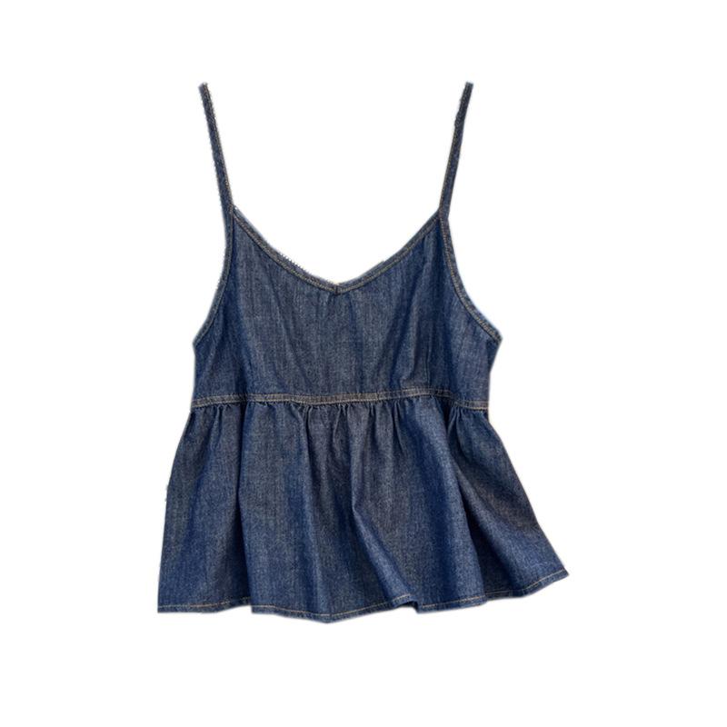 Stylish Elegance Fashion Female Business Casual Vest Dark Camisole Tops Summer Outer Inner Short Hem Ruffle Design Fringed Denim V-Neck Vest Women