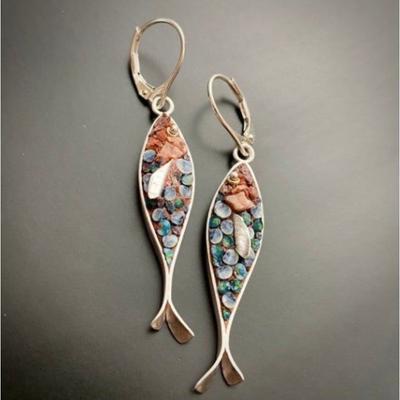 Brincos de Peixe Animal Cor Vermelha Vintage Criatividade Geométrica Cor Prata Brincos Pendentes para Mulheres