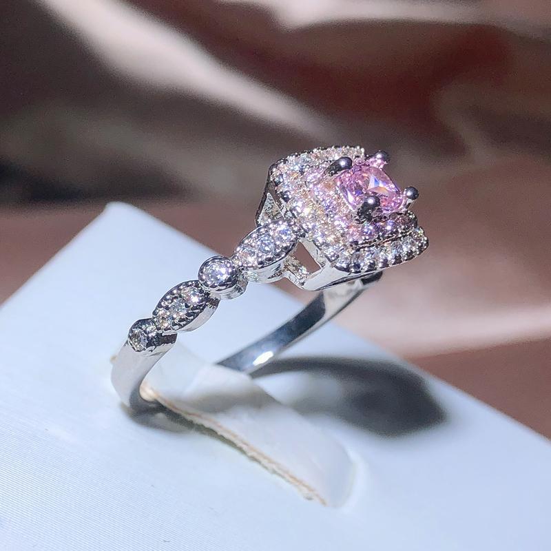 New Square Big Pink AAA Cubic Zircon Rings For Women 925 Silver Trendy Party Engagement Wedding Jewelry Geometric Zircon Ring