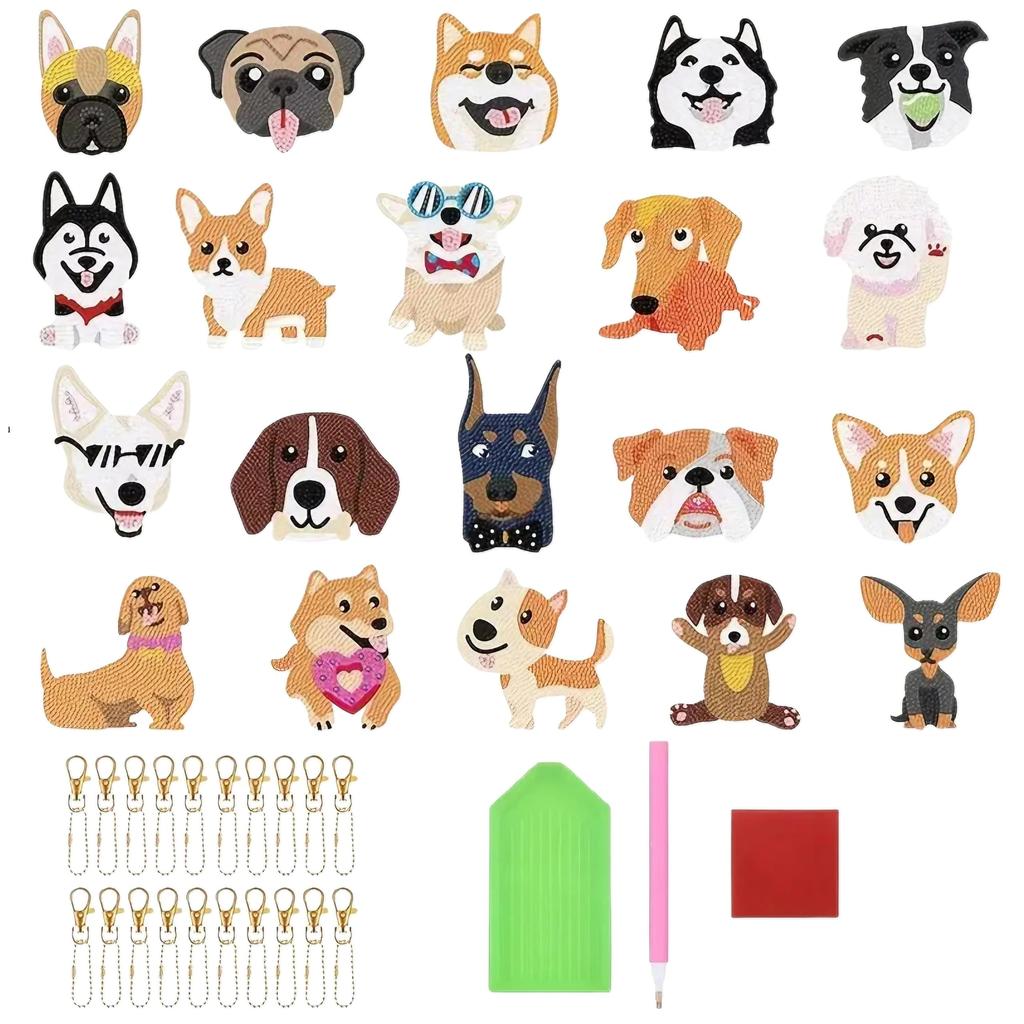 East Leaf Diamond Art Bead Art Keychain Kit, DIY Beginner's, 20-Piece Set, 5D Diamond Dog Design