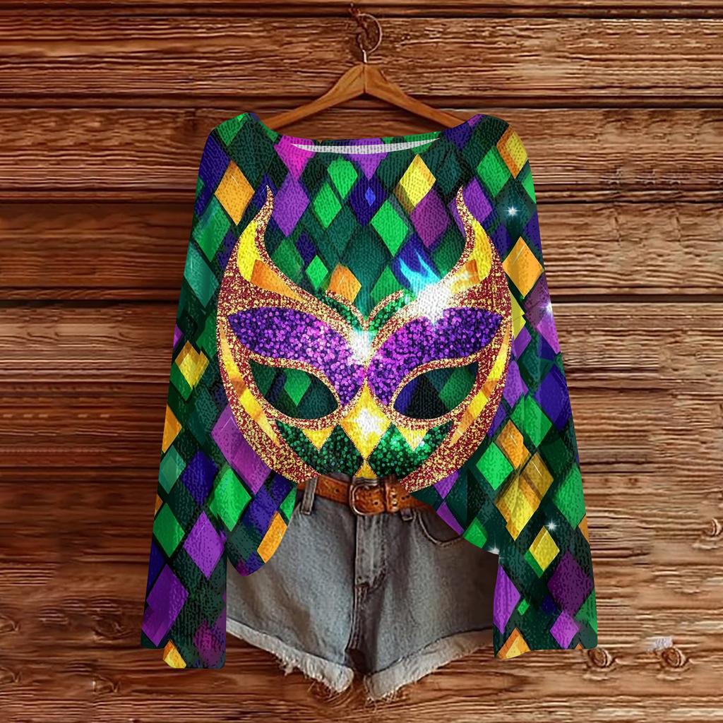 Damen Casual Mode Rundhals Oberteil Karneval Print Langarm Strickpullover