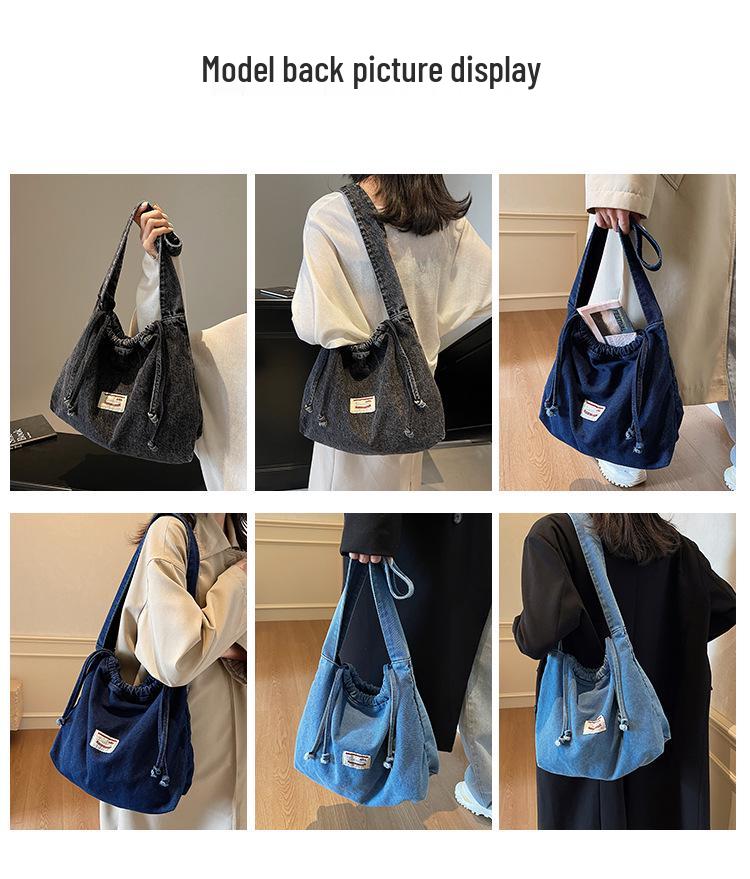 Geantă tip rucsac din denim cu șnur în stil coreean pentru studenți - Capacitate mare, Geantă de umăr casual de primăvară