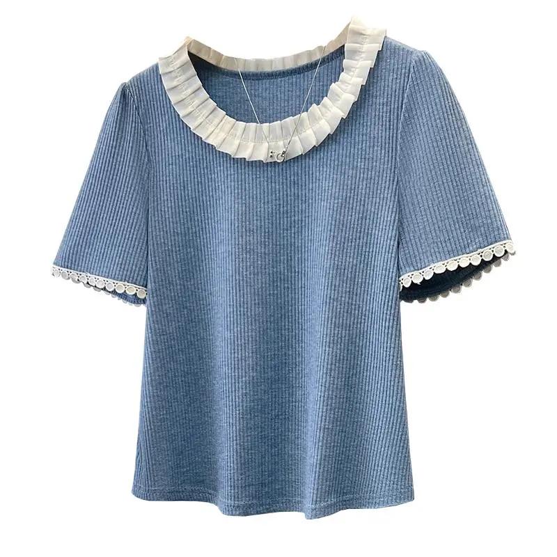 Dam sommar temperament elegant volangkrage axel kortärmad t-shirt bekväm spetskant bas skjorta