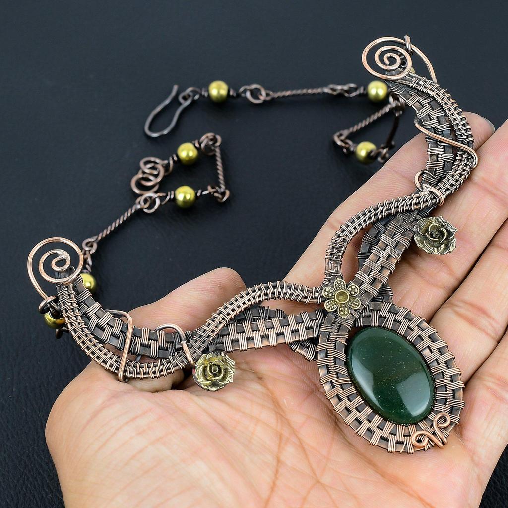 Green Jade Selenite Gemstone Handmade Necklace, 999 Copper Wire Wrapped Adjustable Chain Necklace Dainty Jewelry For Memorial Day