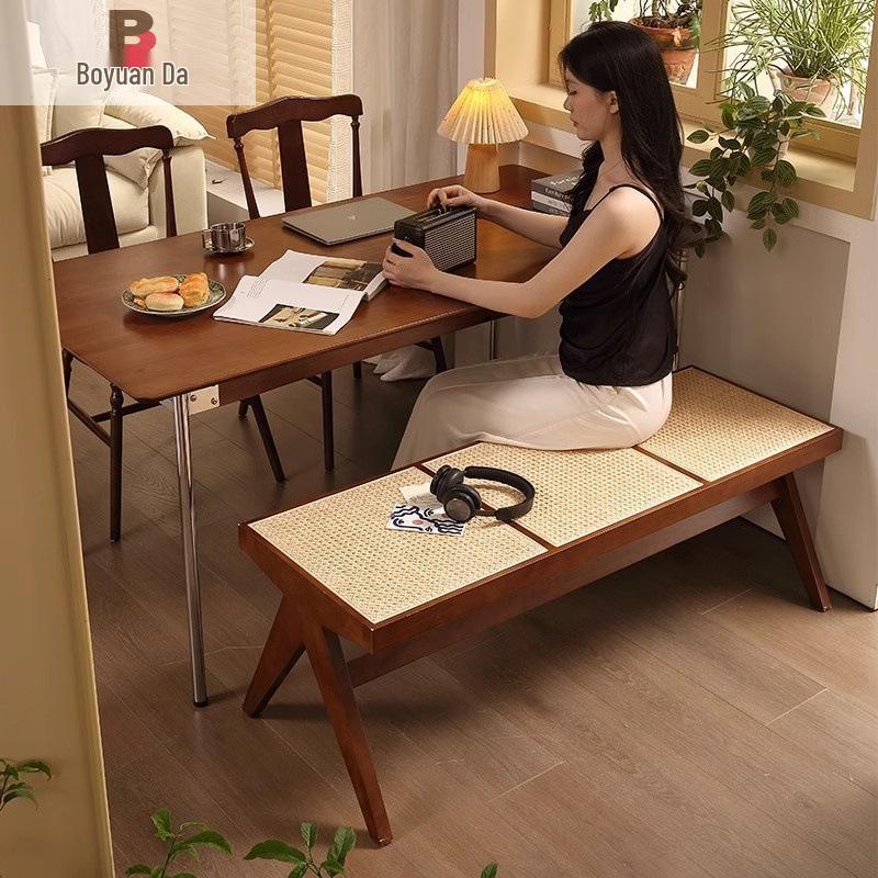 Northern Rattan Woven Bench: Minimalist Solid Wood Long Bench for Dining, Bedroom, or Entryway