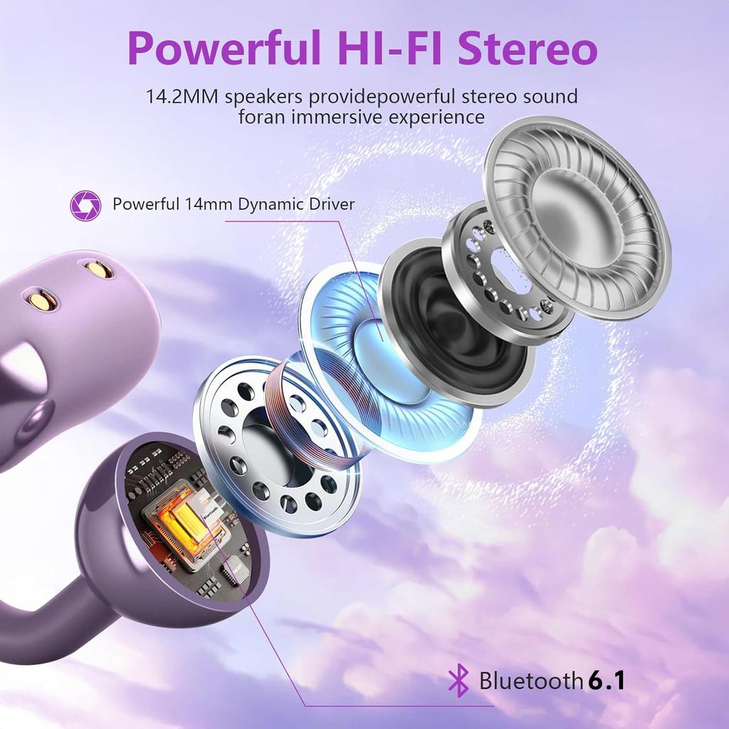 Clip-On Open-Ear Bluetooth 6.1 Earbuds with Microphone, Comfortable Non-In-Ear Sports Headphones with HD Sound & Noise Reduction for Running