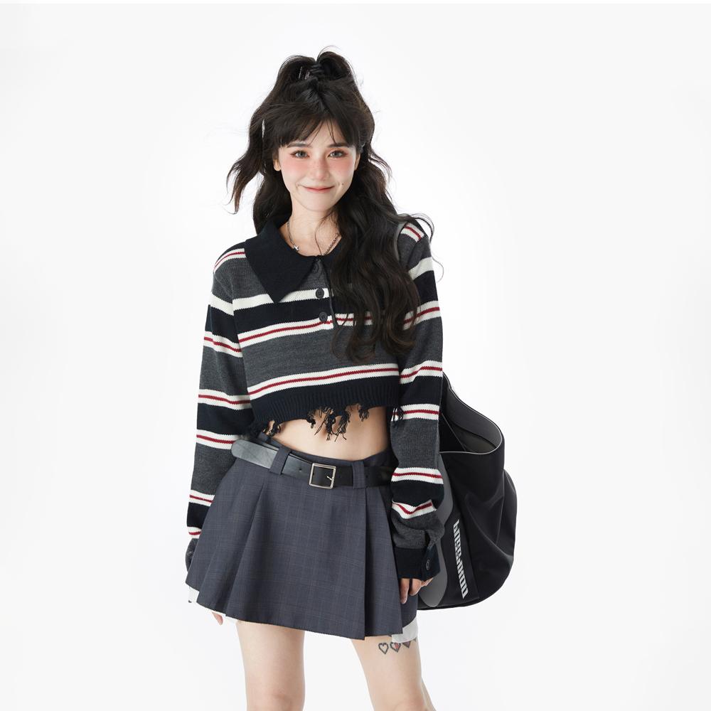Полосатый вязаный свитер женский осенний свободный милый кавайный укороченный топ в студенческом стиле в стиле ретро с лацканами хит цвета дизайн новинка M серый 1816₽