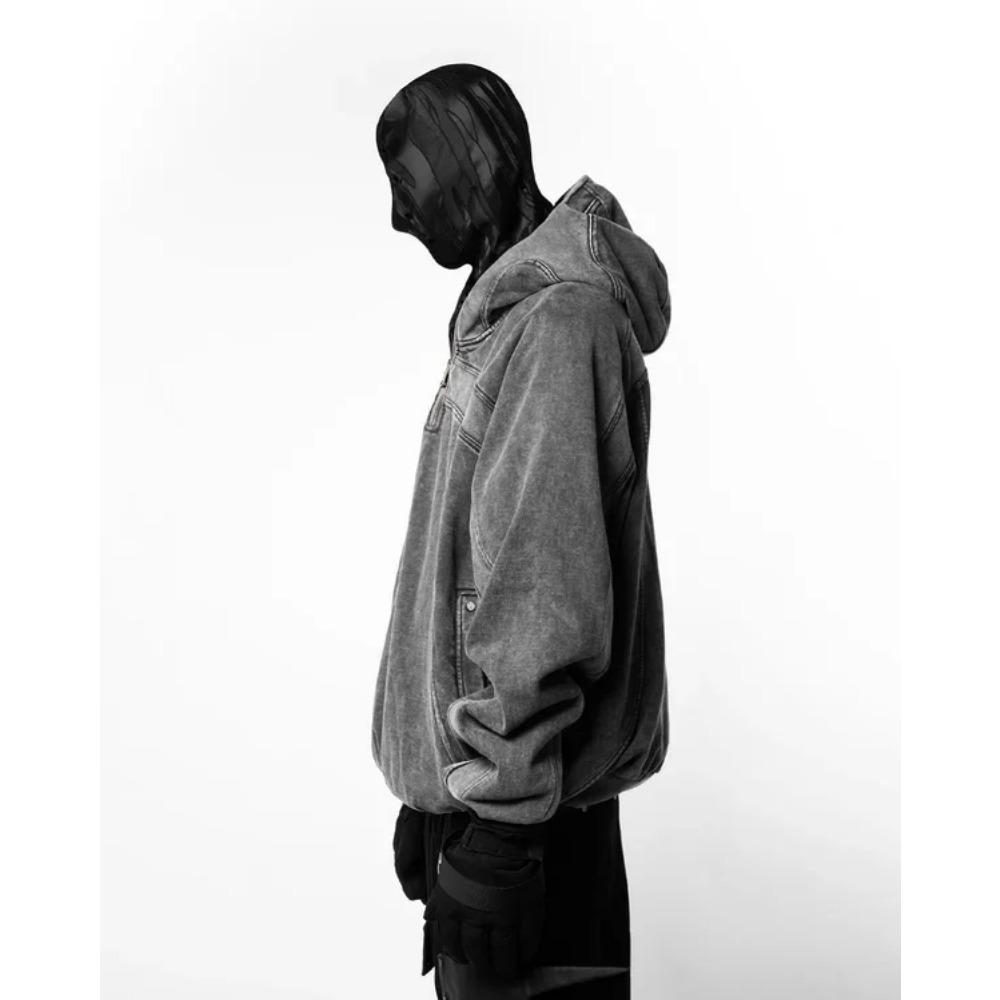 RogueWave Classic Balaclava Hoodie Men Washed Gray Ninja Pullover Sweatshirt Hip Hop Splicing Y2k Vintage Winter Streetwear Couple Tops