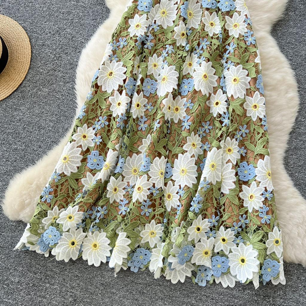 High-end dress female light luxury socialite heavy industry color hollow crochet lace suspender waist dress summer