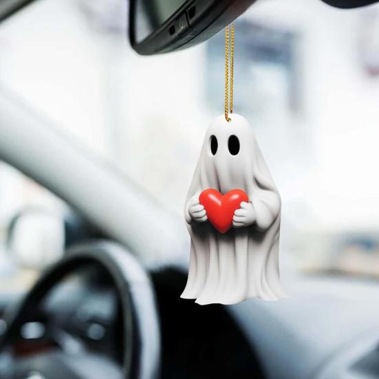 Love Heart Ghost Hanging Decoration Halloween Indoor Outdoor Car Rearview Mirror 2D Flat Acrylic Cartoon Ghost Hanging Ornament Pendant