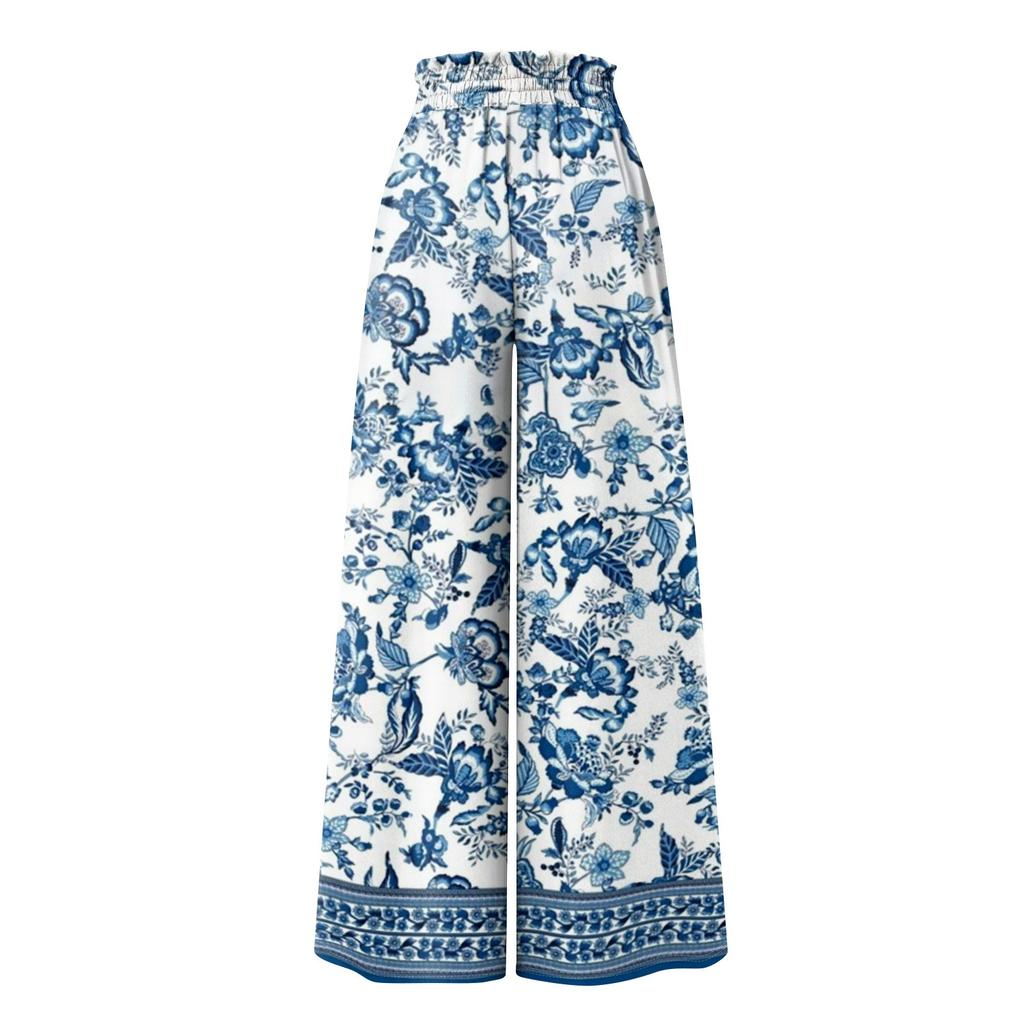 Damen Sommerhose mit weitem Bein, hoher Taille, fließende Taschen, modisch, lässig, lässig, Bohemian-Stil, bedruckt, Strandhose