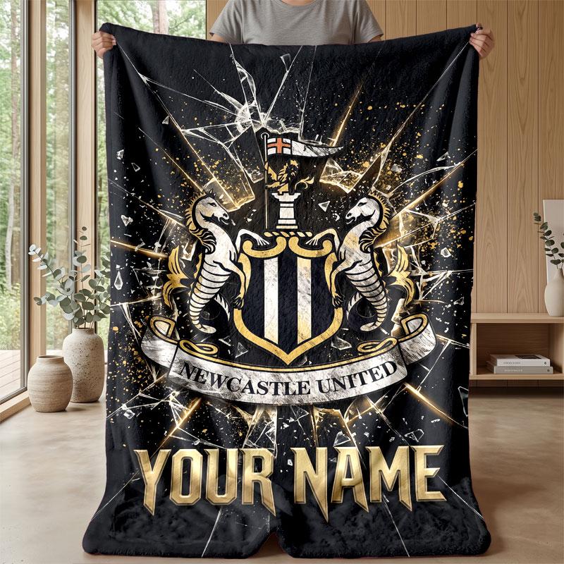 Newcastle United FC Custom Name Text Flannel Blanket Soccer Logo Personalized Fleece Throw Blanket Special Gift For Sofa Bedroom Home