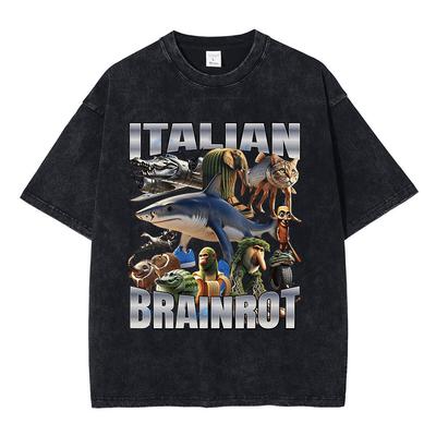 Italian Brainrot Tralalero Tralala Tung Tung Tung Sahur Bombardiro Crocodilo Funny Meme T-shirt Men Women Vintage Washed T Shirt