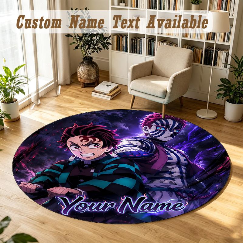 Round Rug Custom NameDemon Slayer Pattern Non Slip Carpet Home Floor Decor