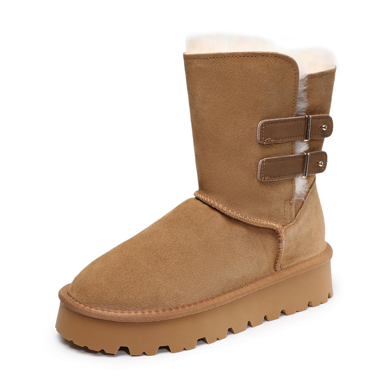 

Johnature Wool Thick Soled Snow Boots Versatile Cow Suede Thickened Plush Warm Women s Mid-calf Boots 40 верблюд