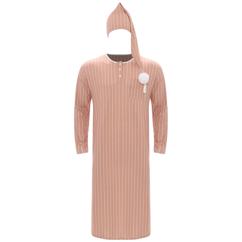Mens Striped Nightgown Robe with Hat Long Sleeve Full Length Pompom Trim Adjustable Sleep Cap Arabian Pajamas